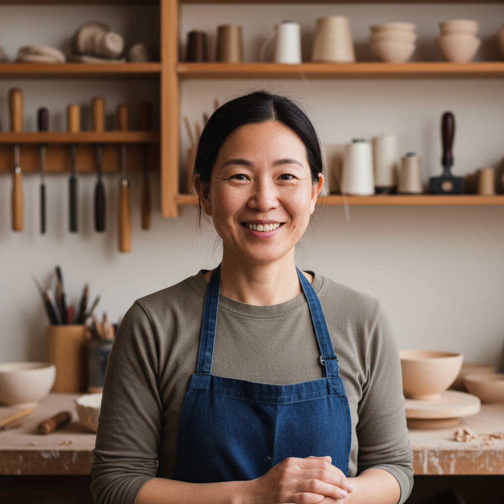 Portrait of a Japanese-American craftsperson in a well-lit studio workshop