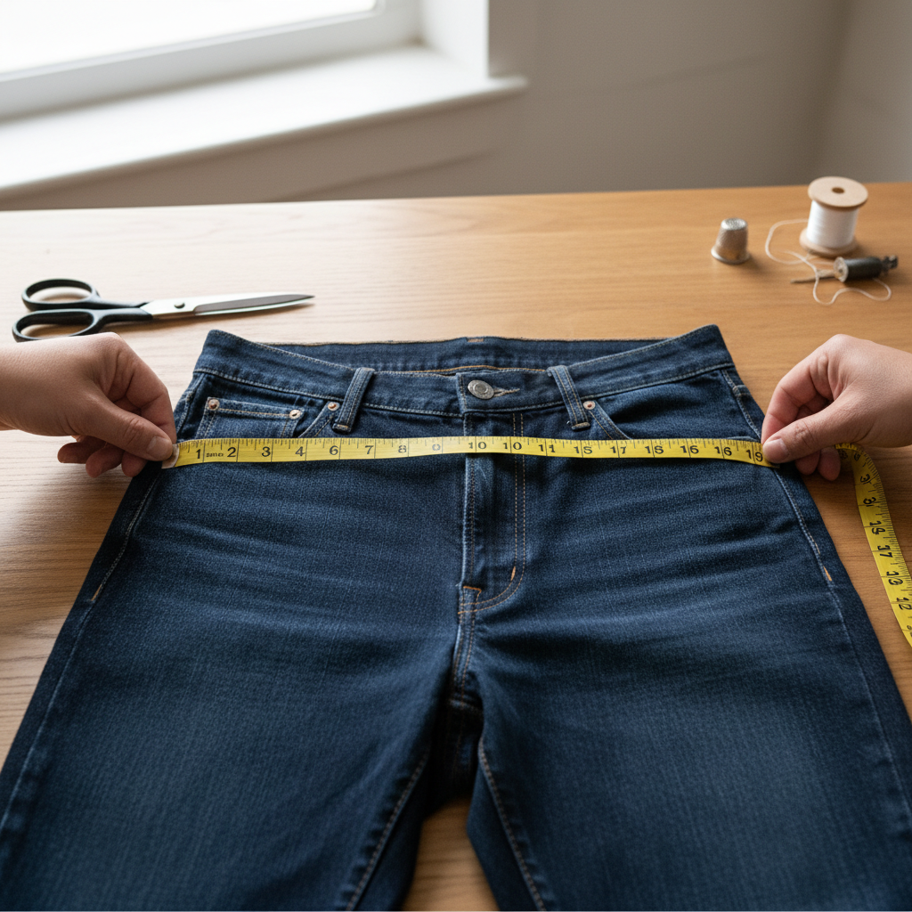Stapel donkerblauwe denim jeans naast een meetlint op een houten tafel