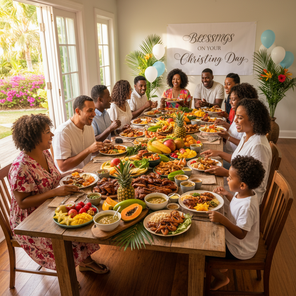 Joyful family gathering with Caribbean food spread, children and adults eating together at a christening
