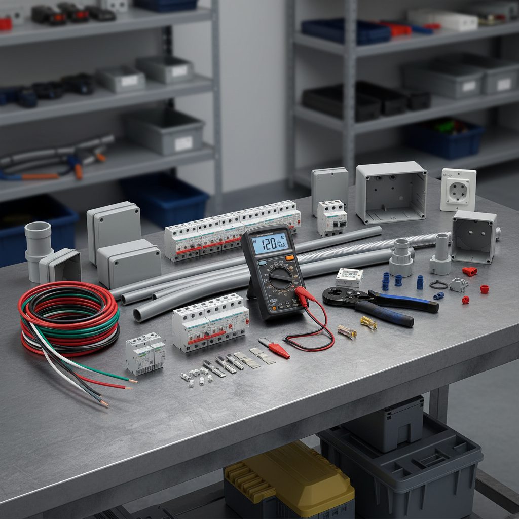 Electrical wiring components and conduit fittings on dark workshop bench