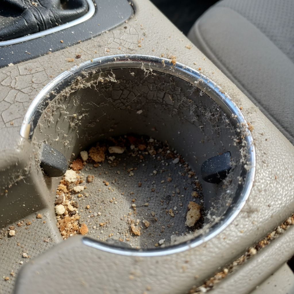 Grimy car interior cup holder with crumbs, dried liquid stains, and dust buildup