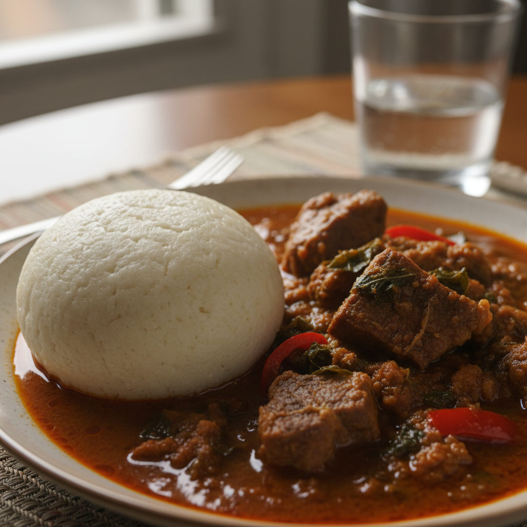 Rich green Nigerian soup in a bowl beside a portion of eba on a wooden board