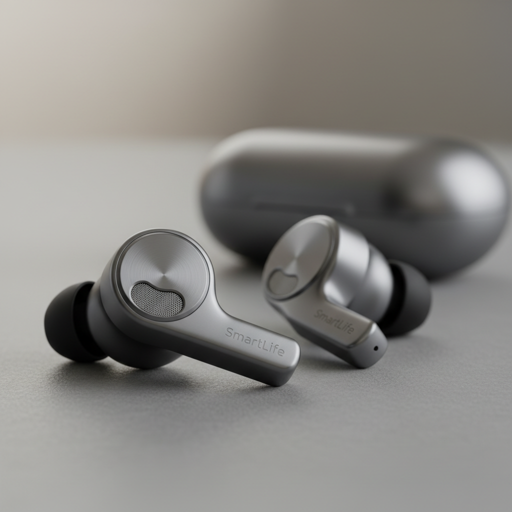 Close-up detail of wireless earbud showing mesh grill and premium finish in studio lighting