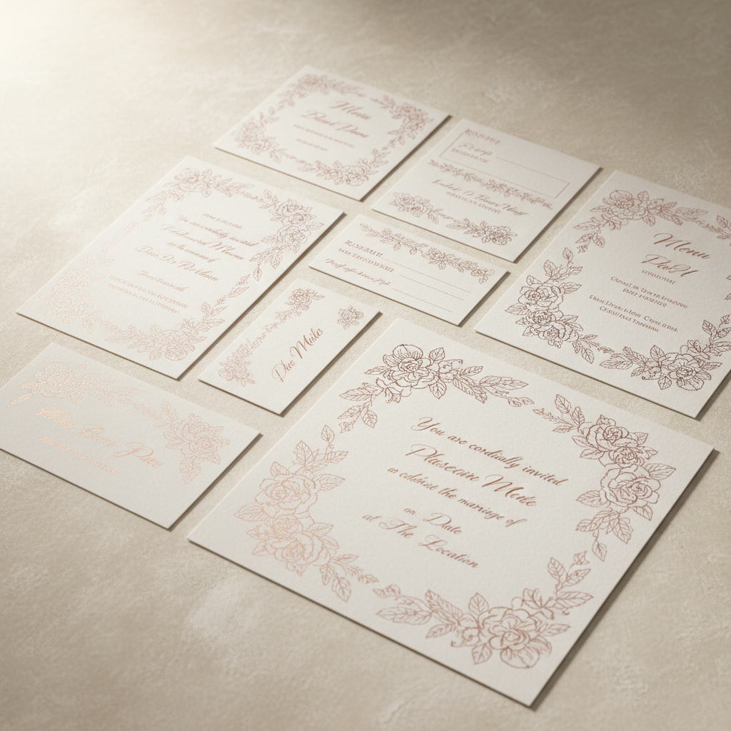Ornate gold foil wedding invitation card with floral border on cream textured paper
