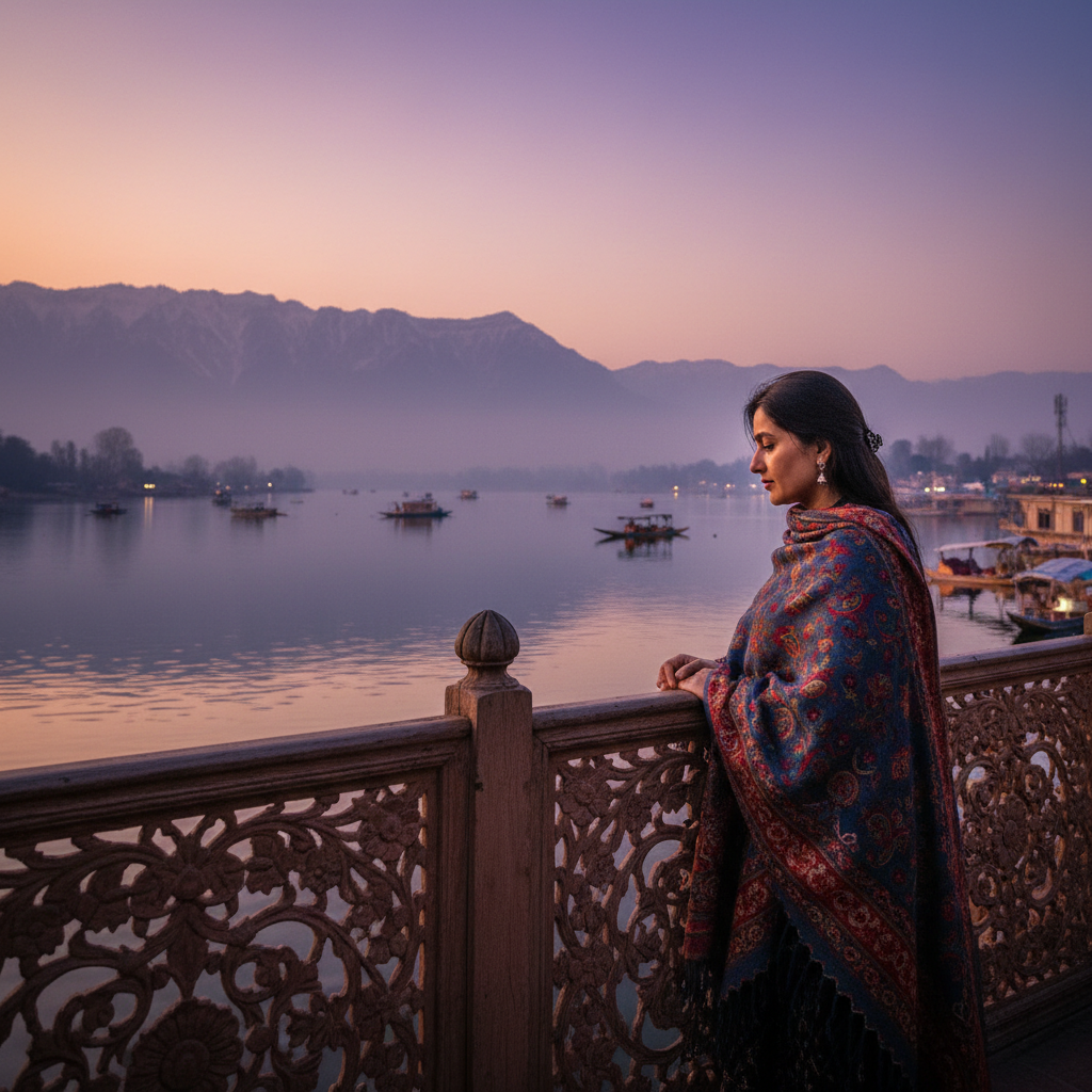 Dal Lake at dusk — a woman in pashmina leans against a carved wooden railing, snow-dusted Zabarwan peaks dissolving into violet sky behind her