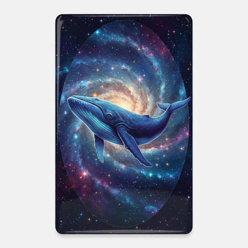 Blue whale swimming through galaxy stars illustration art magnet