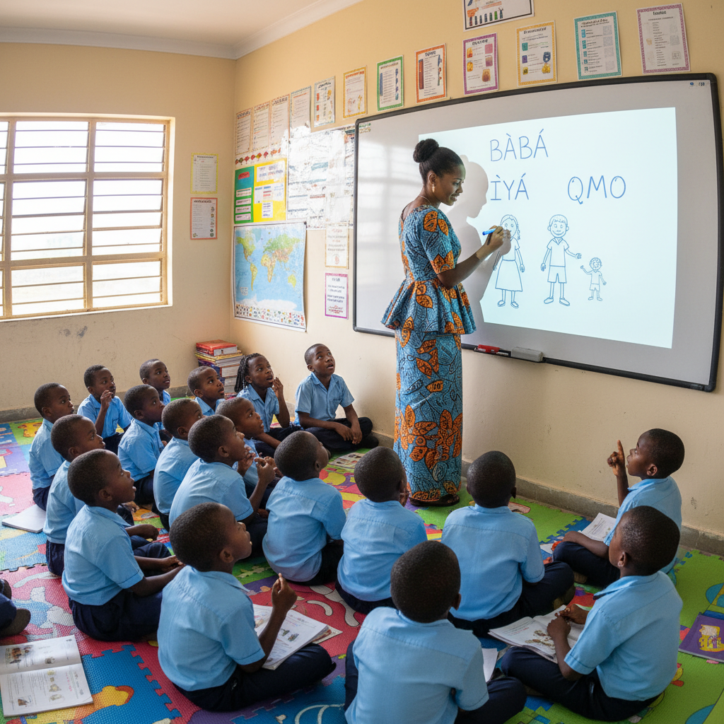 Young students gathered around a teacher writing Yoruba words on a whiteboard