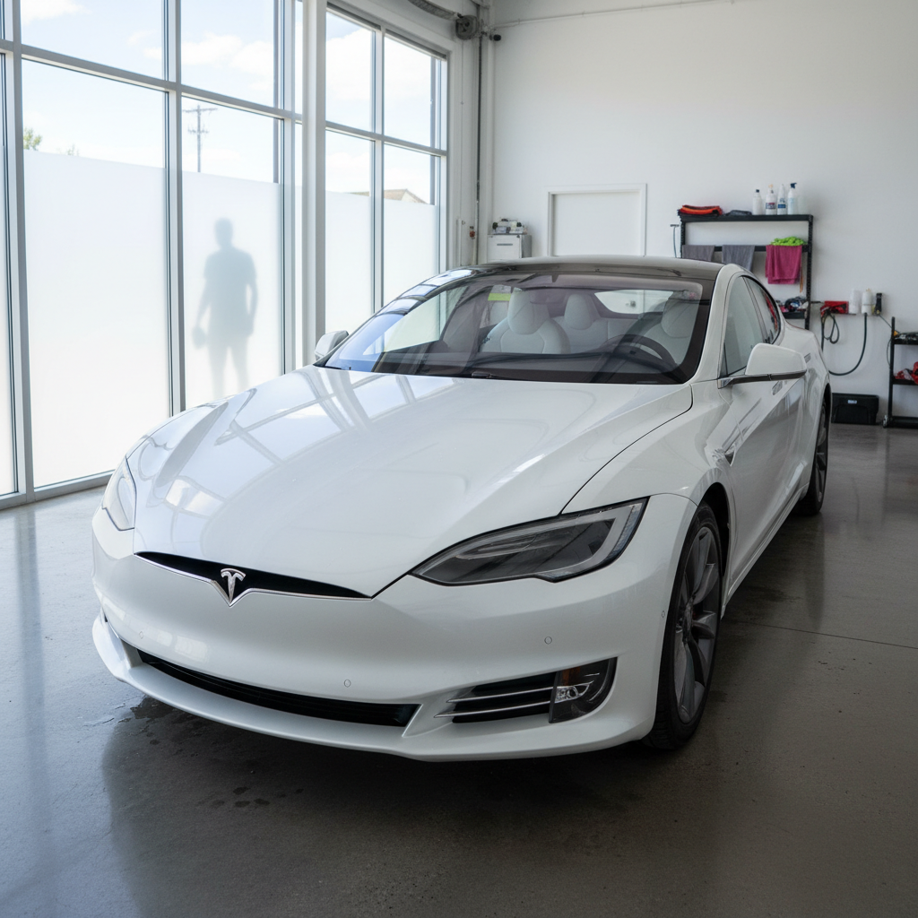White Tesla Model S electric sedan on clean urban road