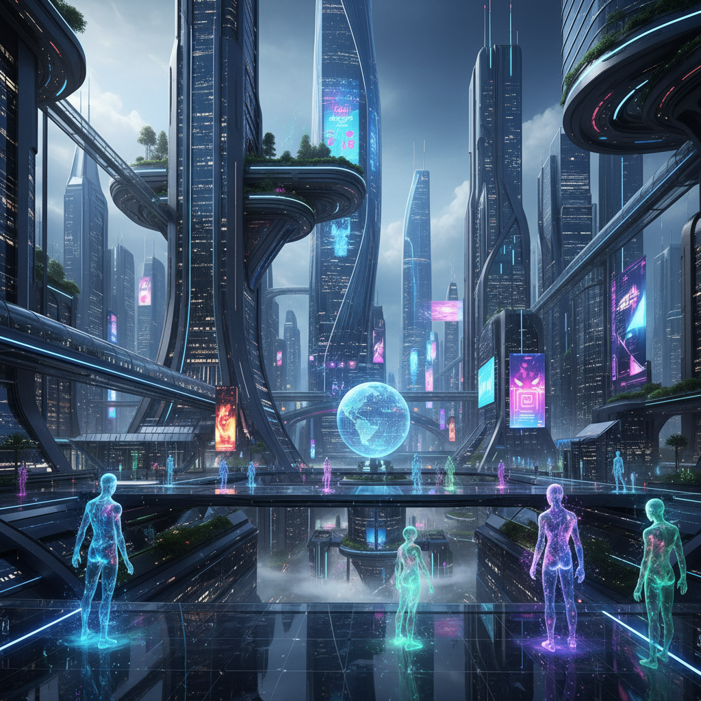 Futuristic neon-lit virtual city landscape, deep blue and purple tones, atmospheric fog, sci-fi environment