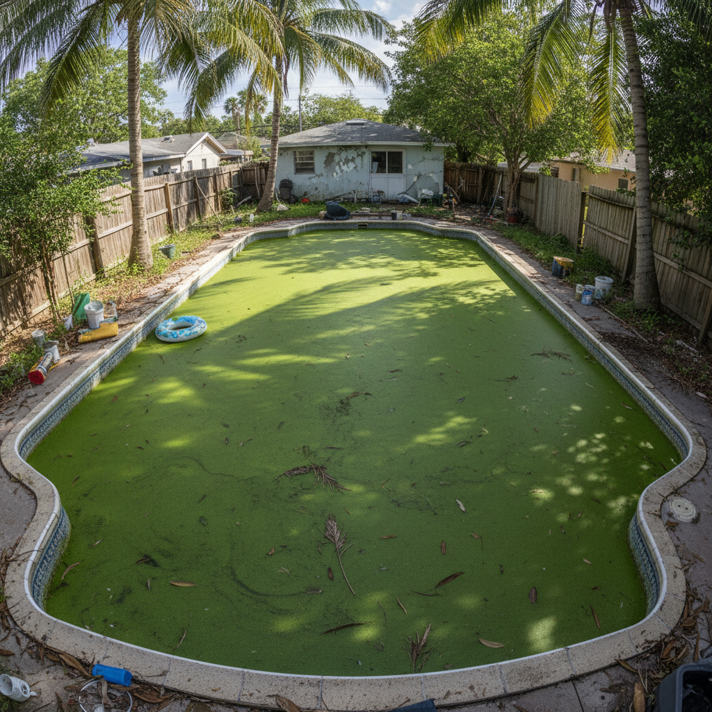 Green algae bloom in a Parker homeowner's backyard pool before treatment
