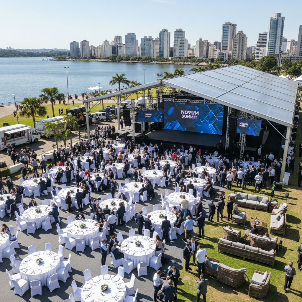 Registro aéreo de evento corporativo com público numeroso em Porto Alegre visto de cima