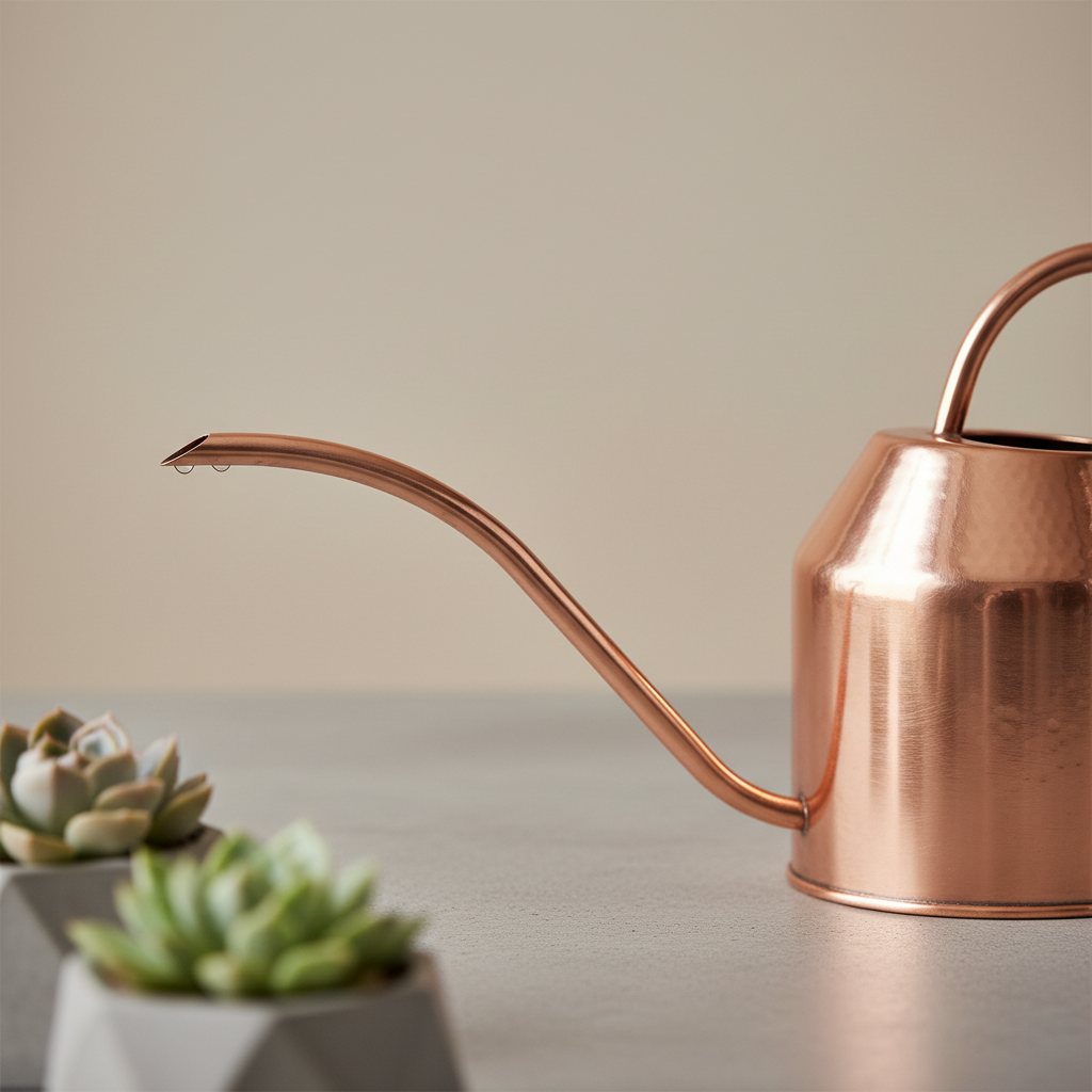 Elegant copper watering can with long narrow spout for precise watering of small succulents