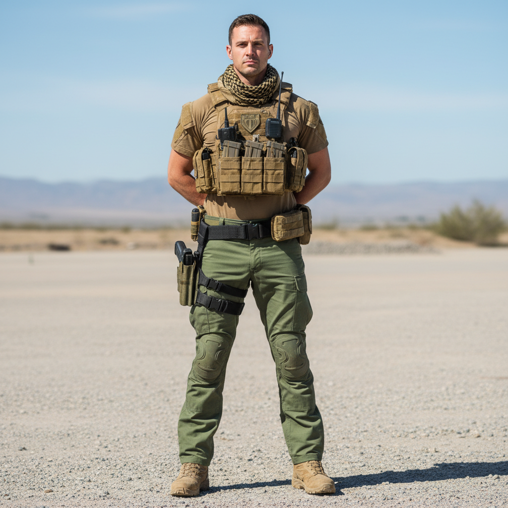 Tactical training exercise in desert terrain with instructors and students in gear, harsh sunlight, arid landscape