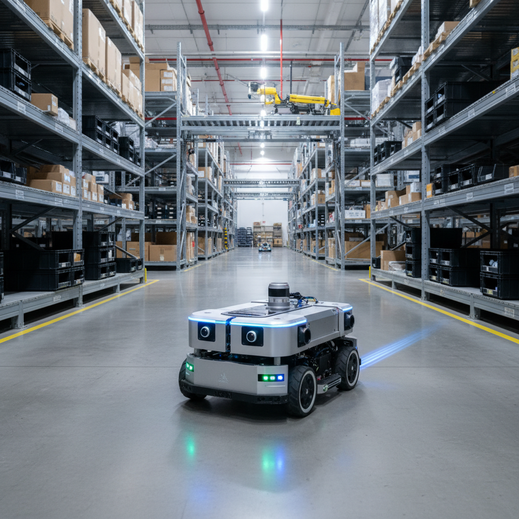 Autonomous mobile robot navigating a warehouse floor carrying inventory pallets