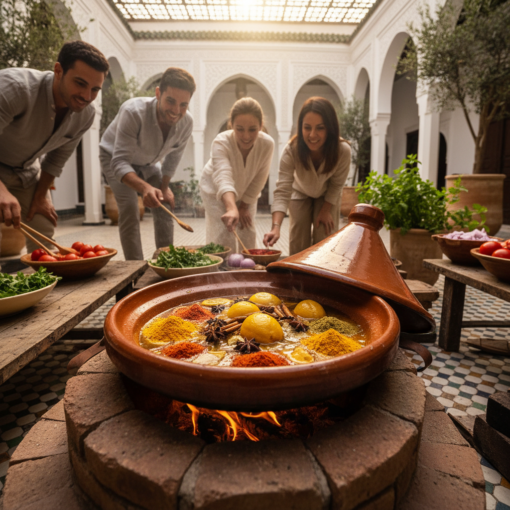 Traditional Moroccan cooking class with tagine pots and colorful spices on a wooden table
