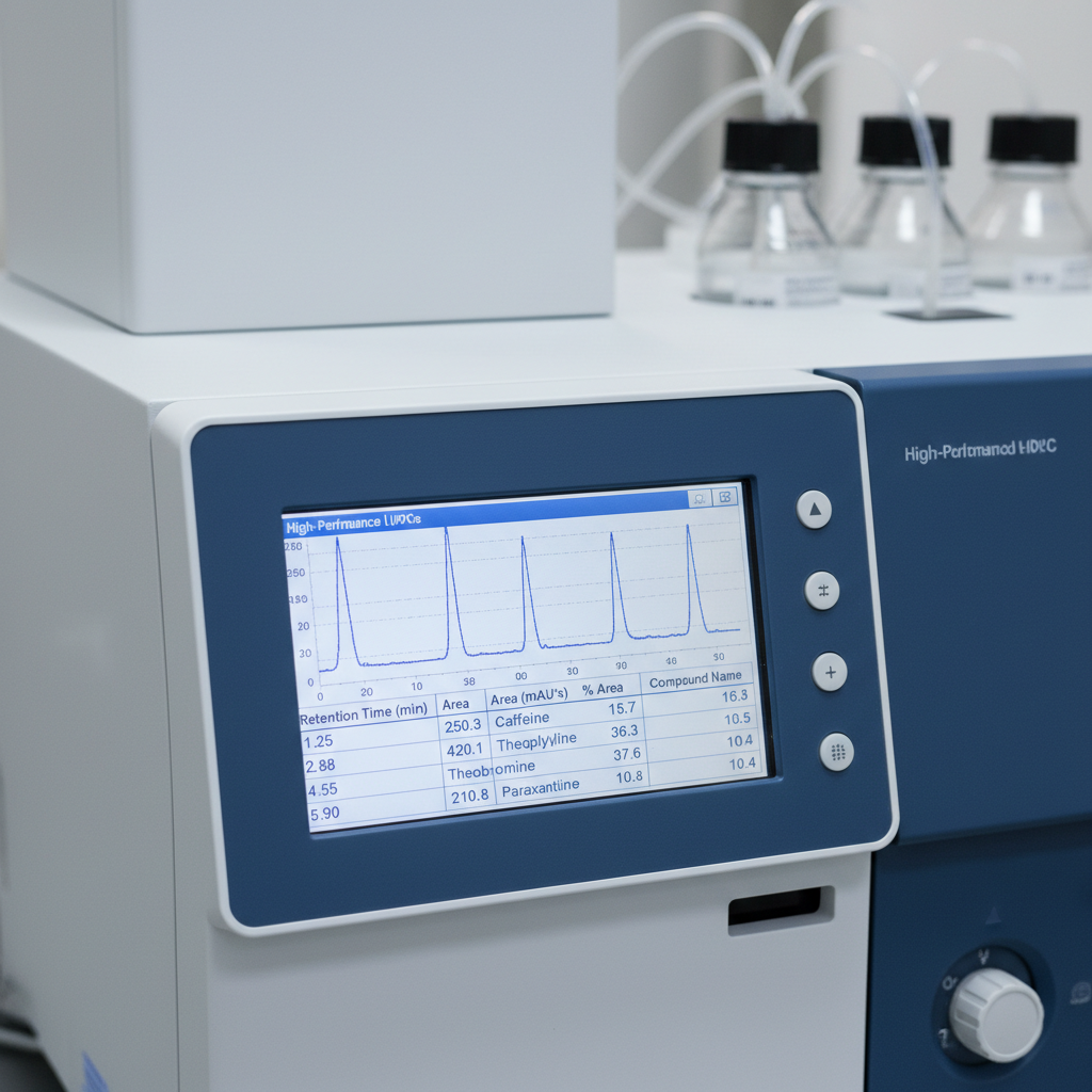 HPLC machine display with chromatography peaks and analytical data on screen
