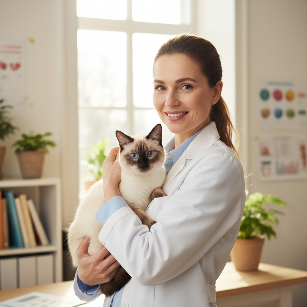 Priya Nair, Nutrition Specialist, holding a Siamese cat