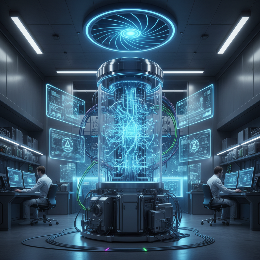 Futuristic quantum computer processor with blue glowing circuits