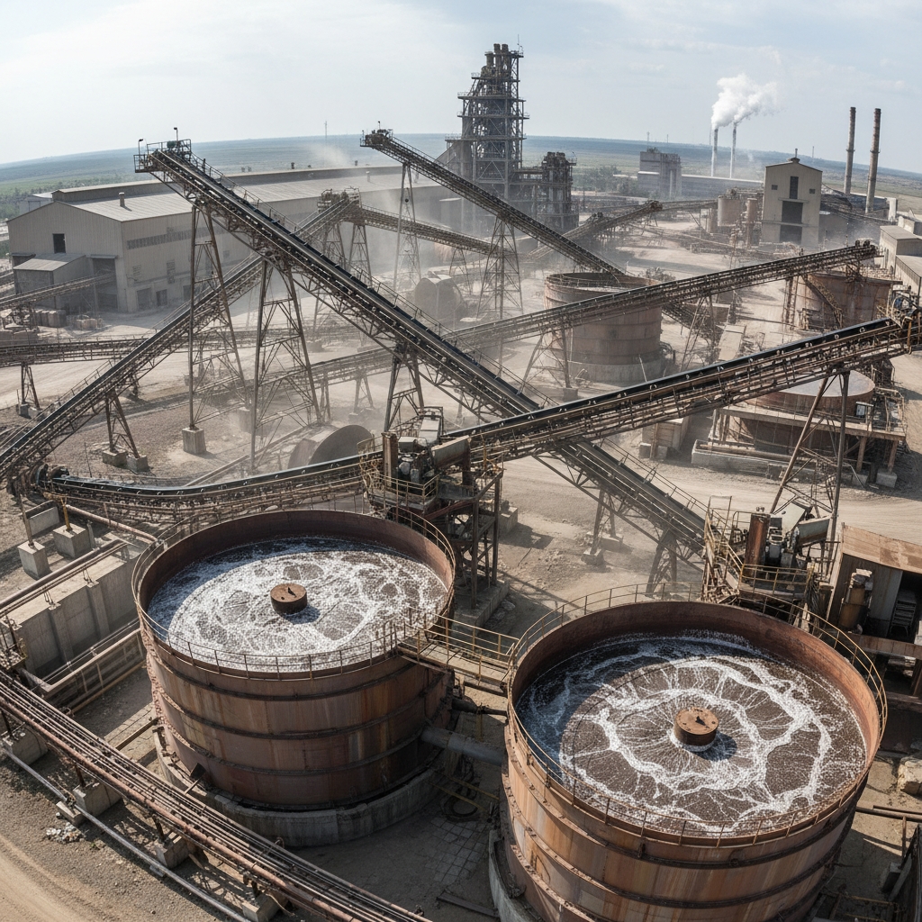 Industrial mineral processing plant with large flotation tanks and conveyor systems