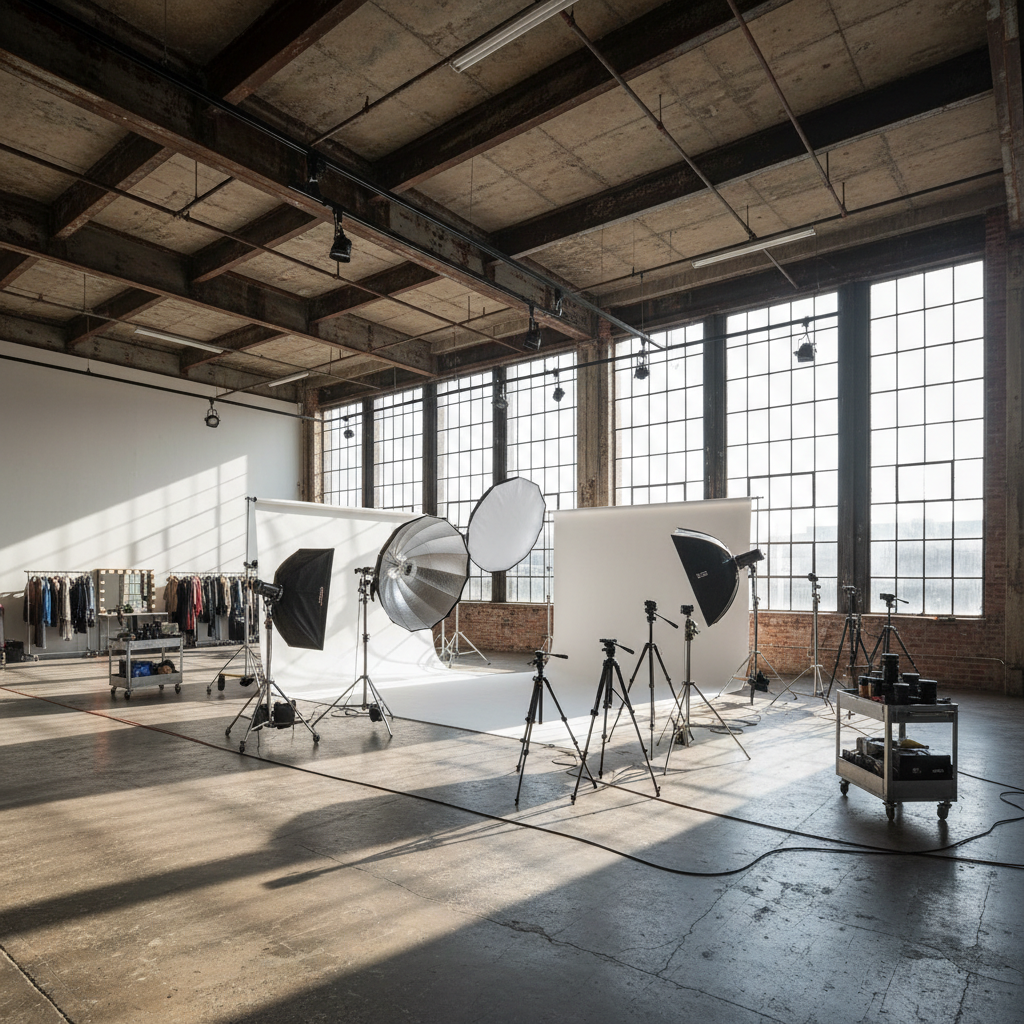 Large open-plan studio space with high ceilings, industrial windows, and professional photography equipment