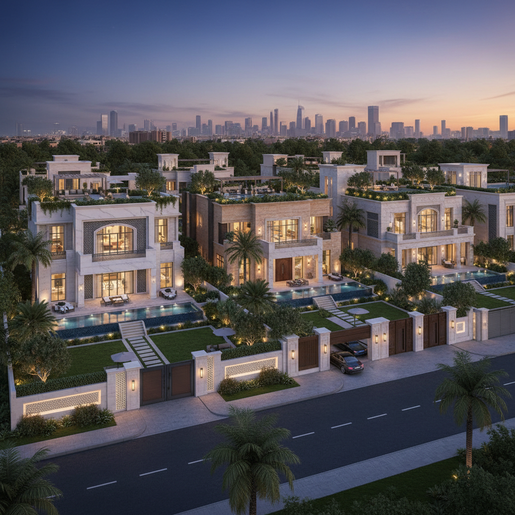 Ultra-luxury villa at dusk with pool, dim warm lighting, deep blue sky, architectural shadows