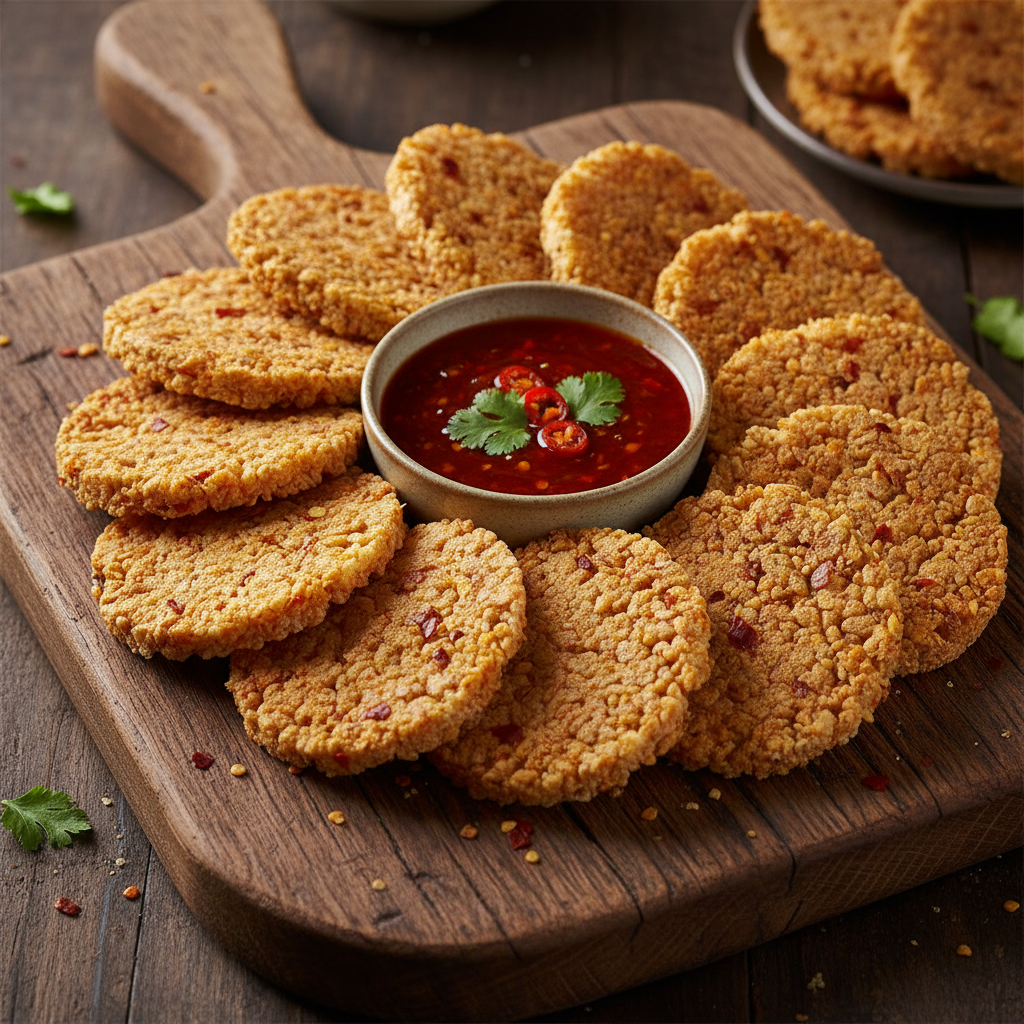 Ablo rice cakes arranged on a wooden board with chili dipping sauce