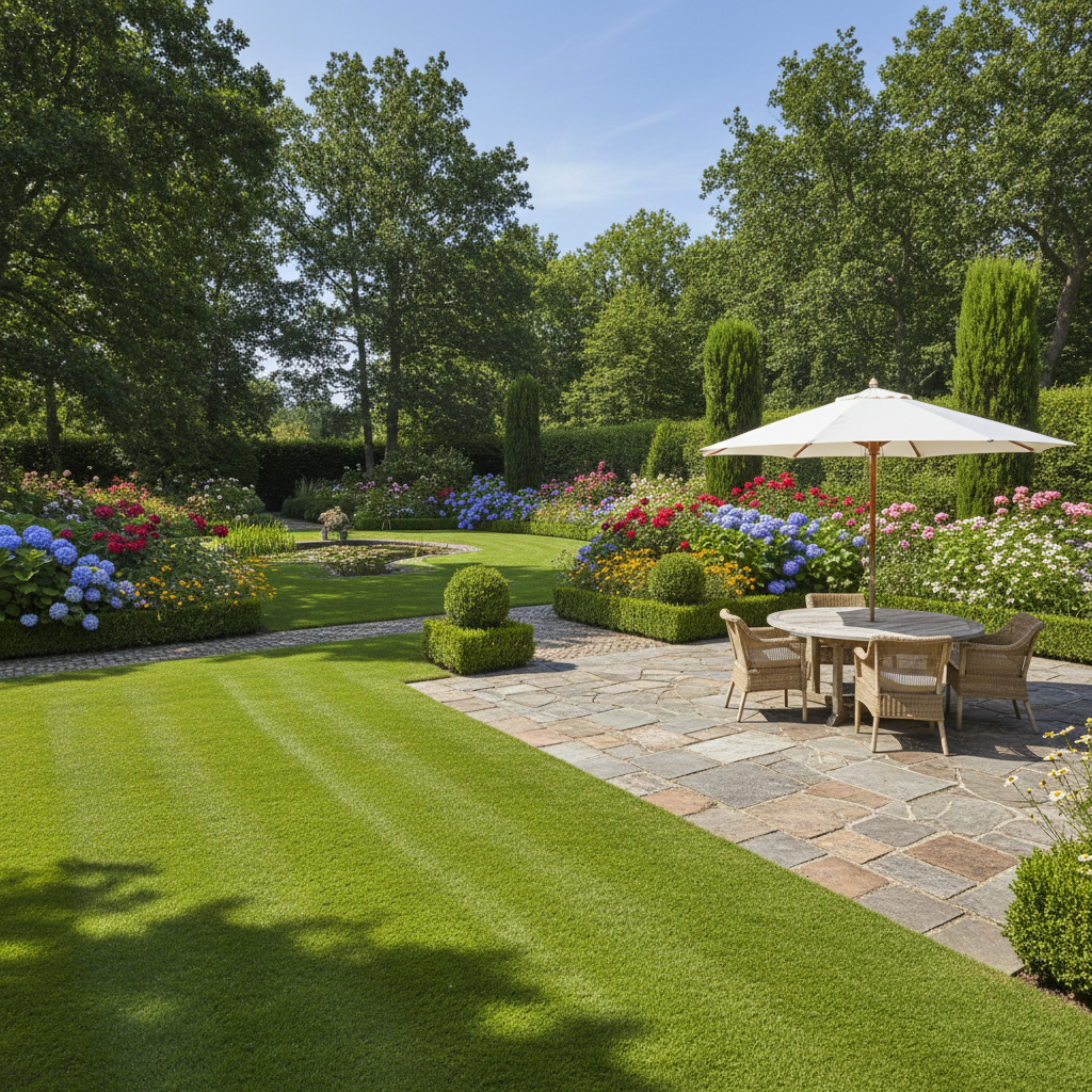 Garden landscaping in Macclesfield by J & L Building & Design — bright well-maintained garden with stone patio and lush lawn