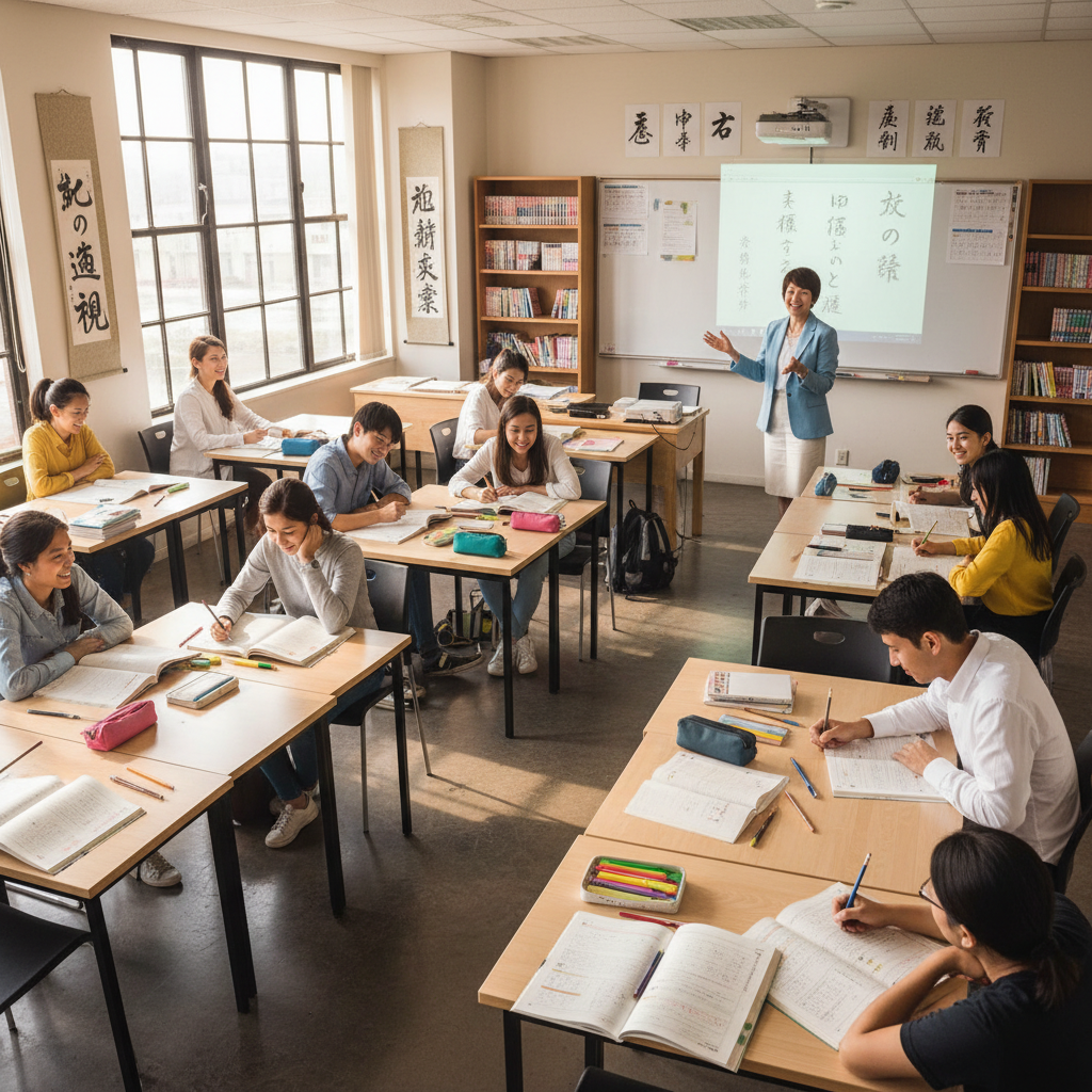 Teacher and students in a Japanese language class, whiteboard with hiragana, warm classroom lighting, engaged learning