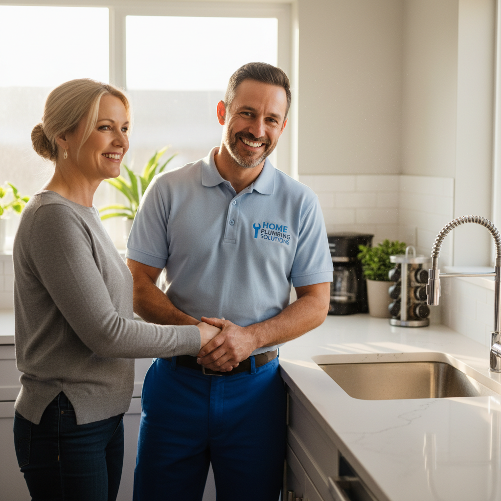Happy homeowner reviewing work done by a plumber in a modern Omani kitchen, bright natural light, satisfied expression