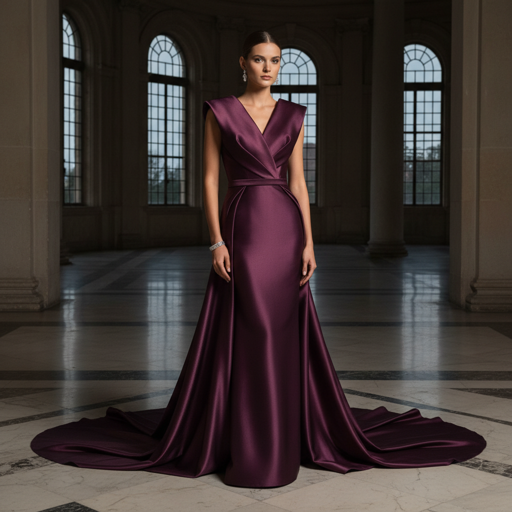 Plum duchess satin gown with sweeping train and architectural neckline, column silhouette