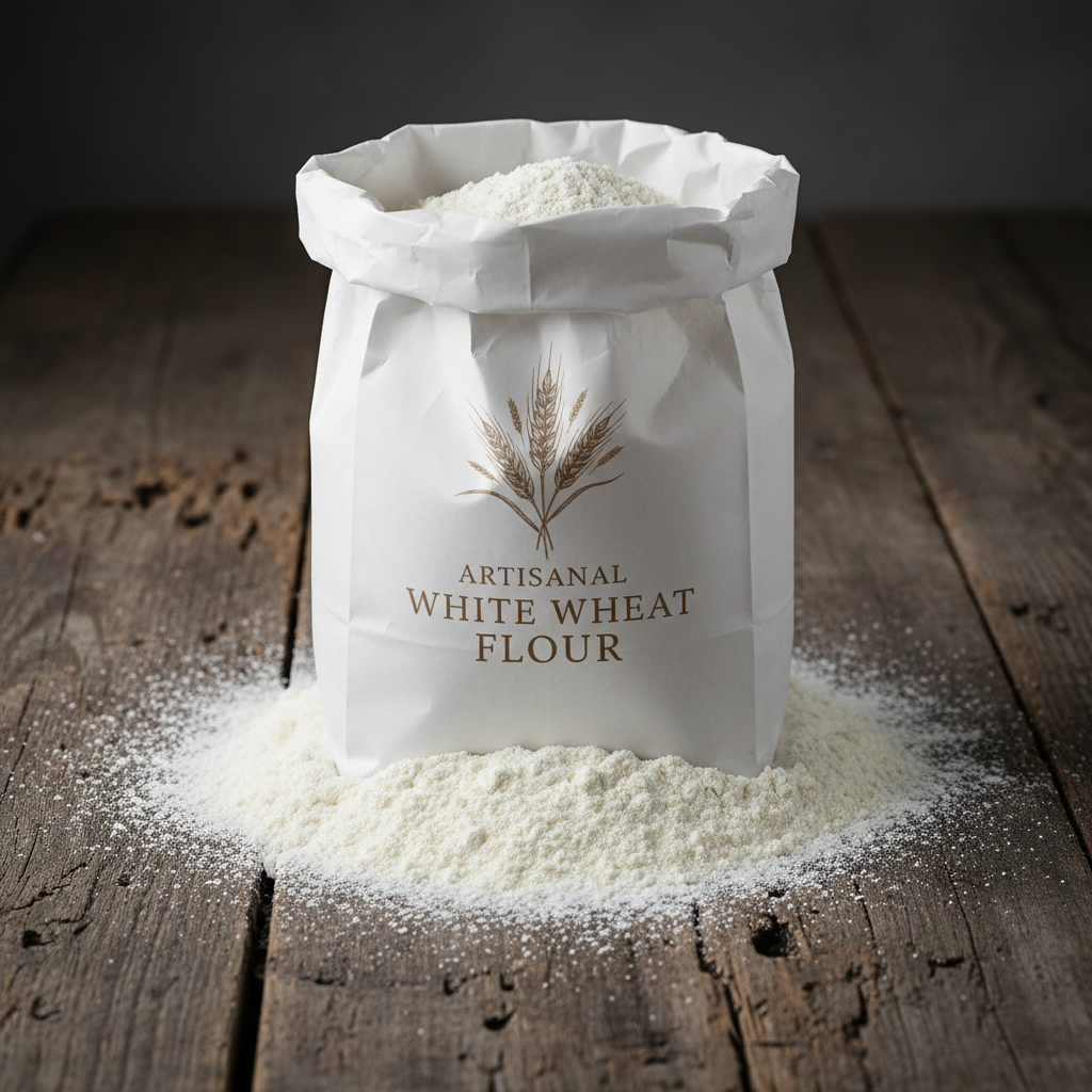White wheat flour in open paper bag with flour dust in soft natural light
