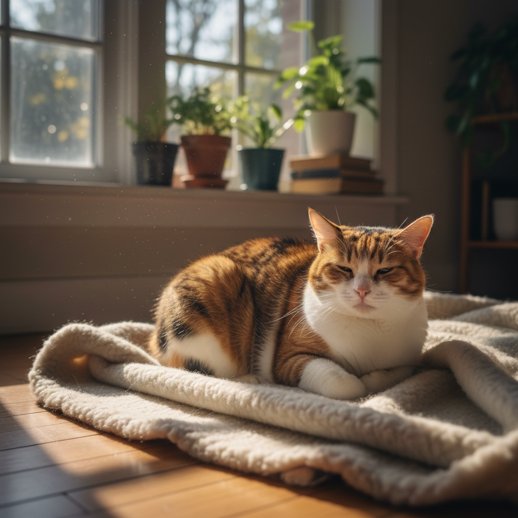 Healthy senior cat sitting comfortably, bright airy home environment, natural sunlight, well-fed and content