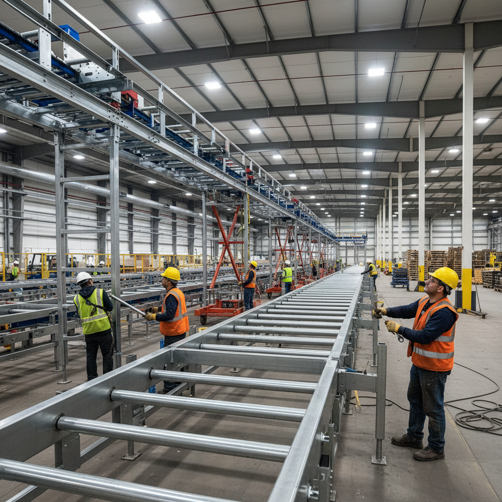 Construction workers installing large conveyor system components in a warehouse