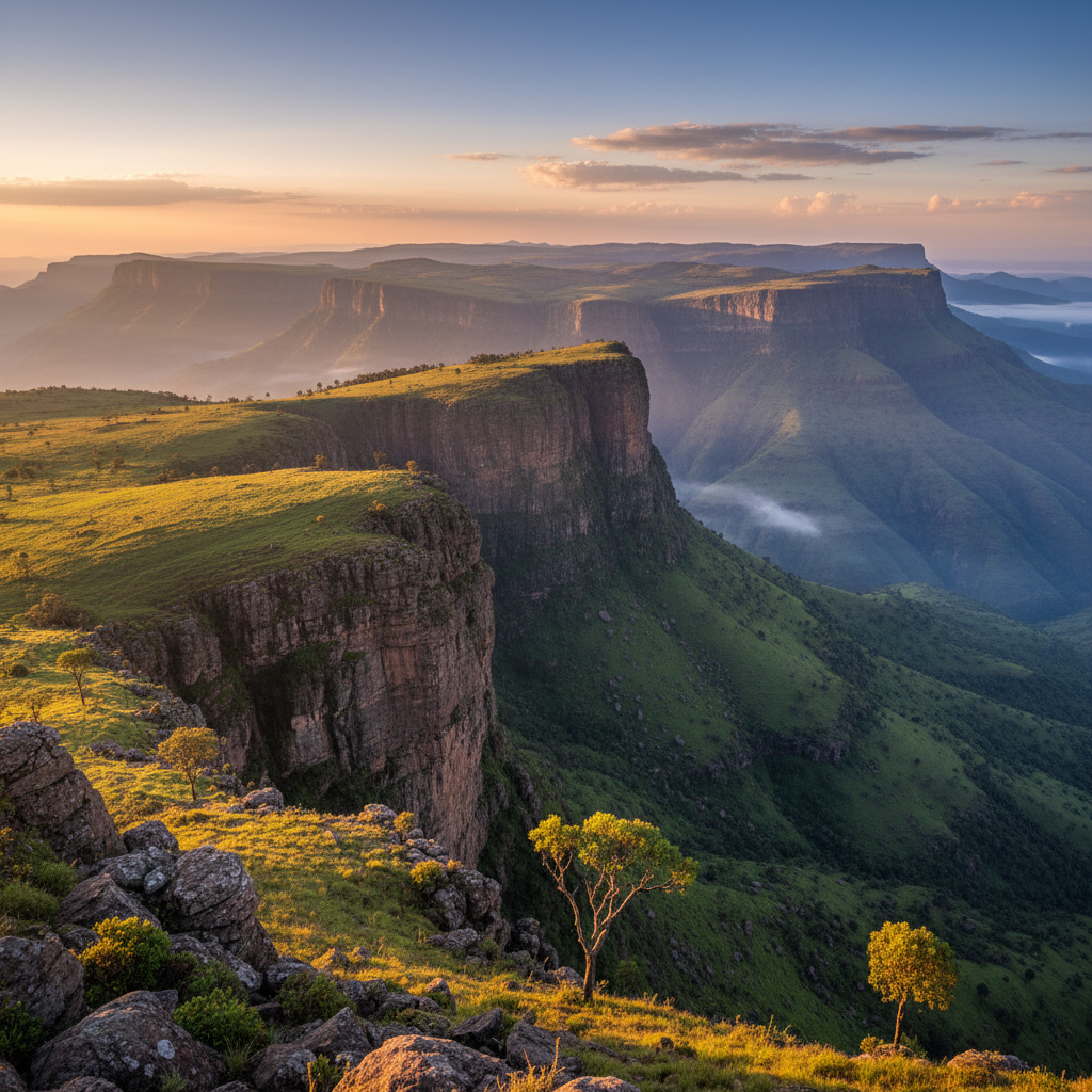 Ethiopian highland panorama at sunrise, dramatic golden light
