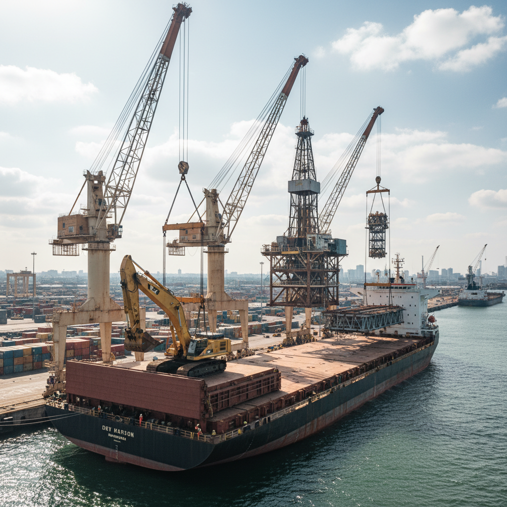 Oversized industrial equipment being loaded onto a breakbulk cargo vessel