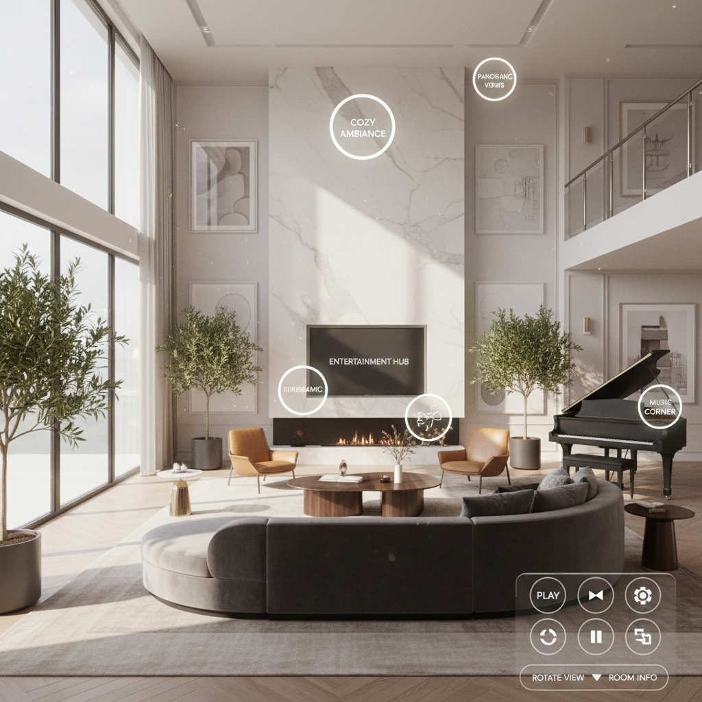 Cinematic 3D virtual tour of a luxury living room with natural light simulation and interactive room tags