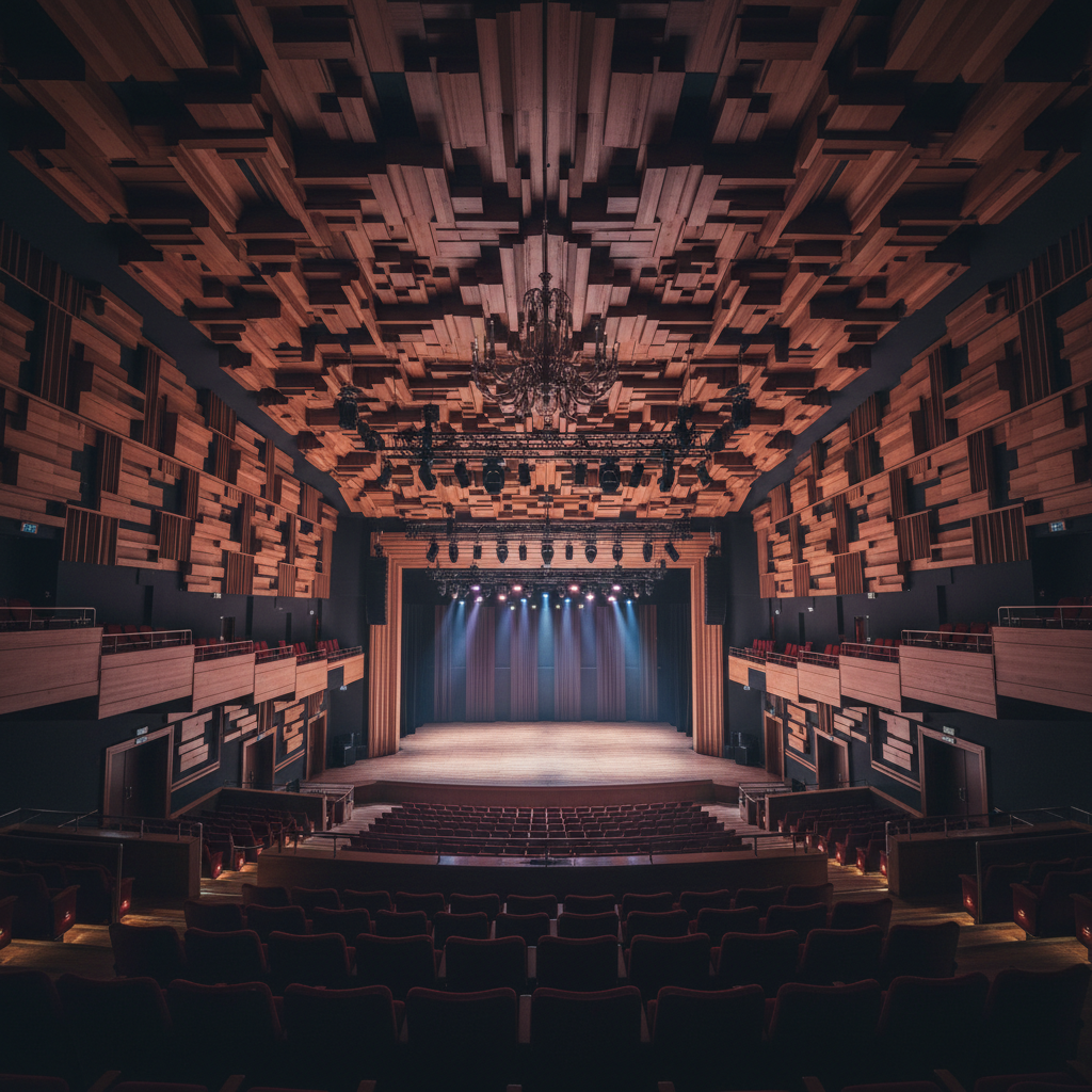 Atmospheric concert hall with warm amber stage lighting, deep shadows, dim cinematic atmosphere, string instruments on stage