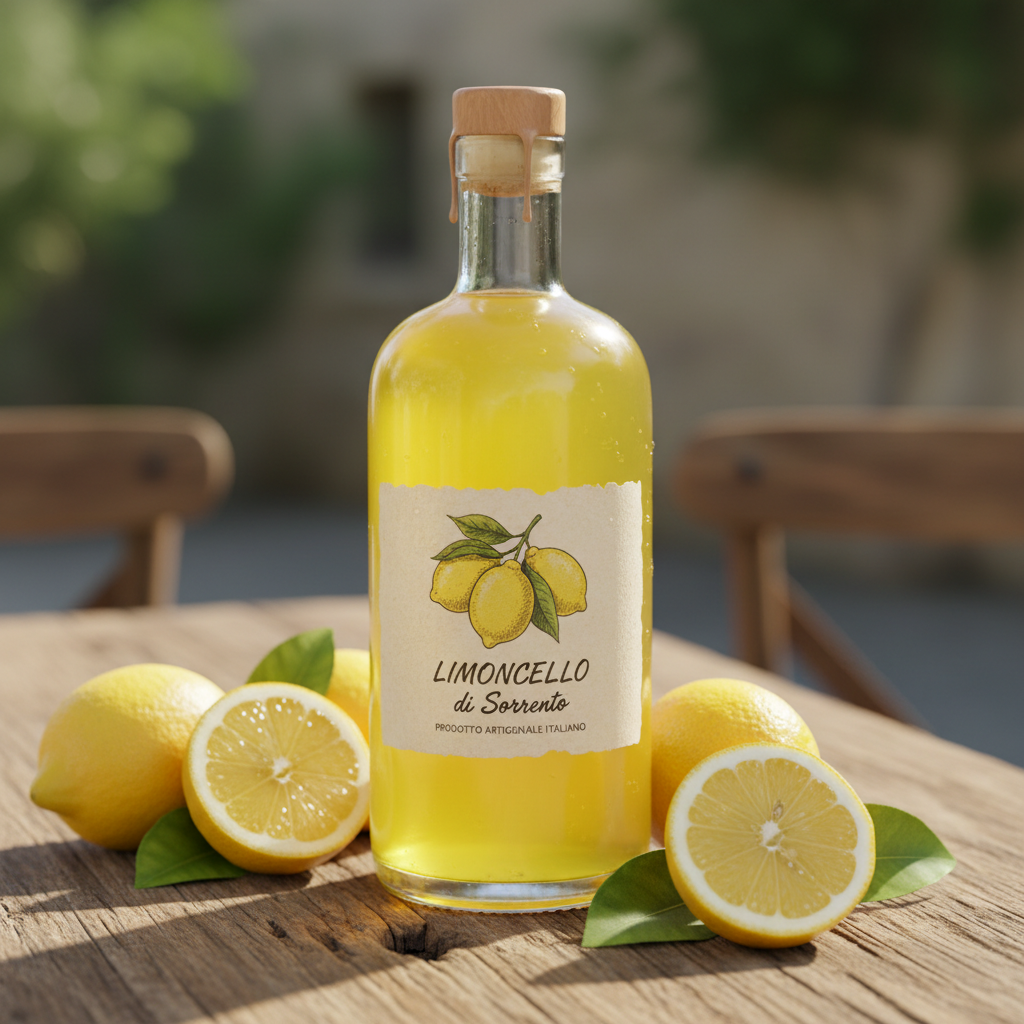 Limoncello bottles and fresh lemons in a Sorrento lemon grove