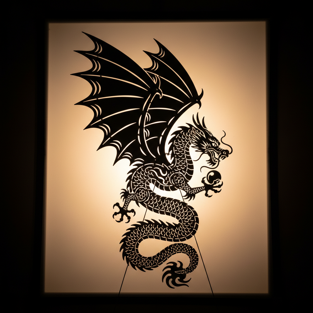 Laser-cut shadow puppet silhouette of a dragon with jointed wings against backlit screen