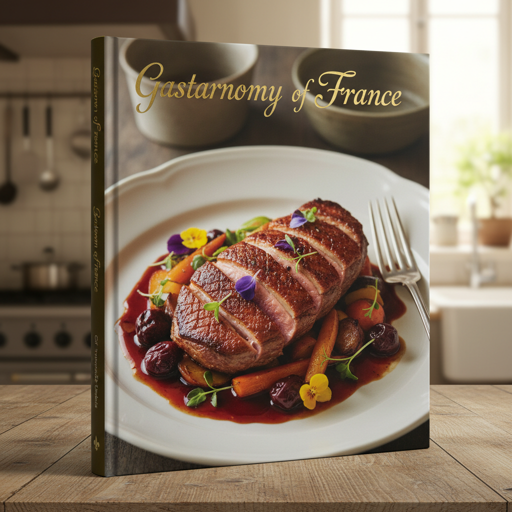 French regional cuisine guide book cover showing a map of France with illustrated regional food icons, cream parchment background, warm editorial design