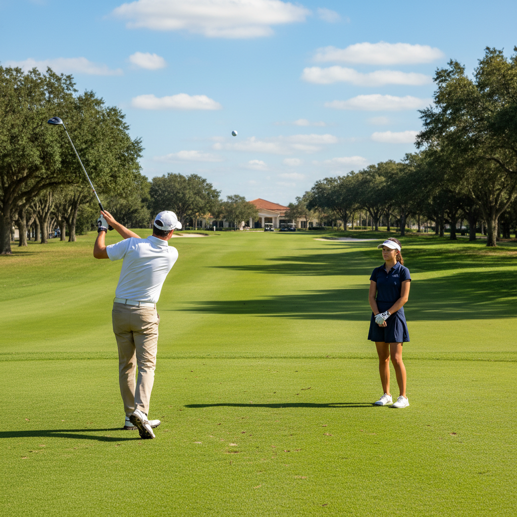 Playing lesson on the course, instructor walking fairway with student
