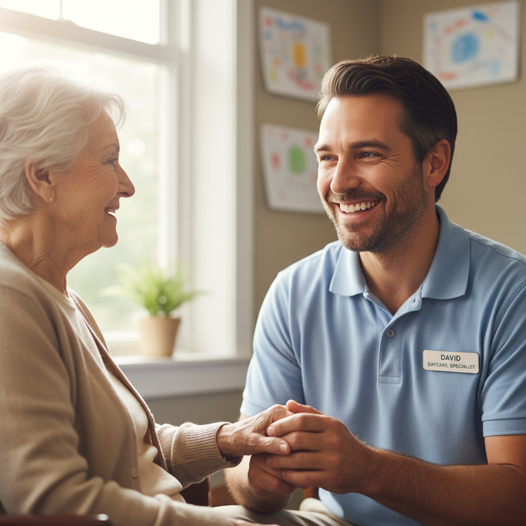 Male daycare specialist smiling with elderly patient in background