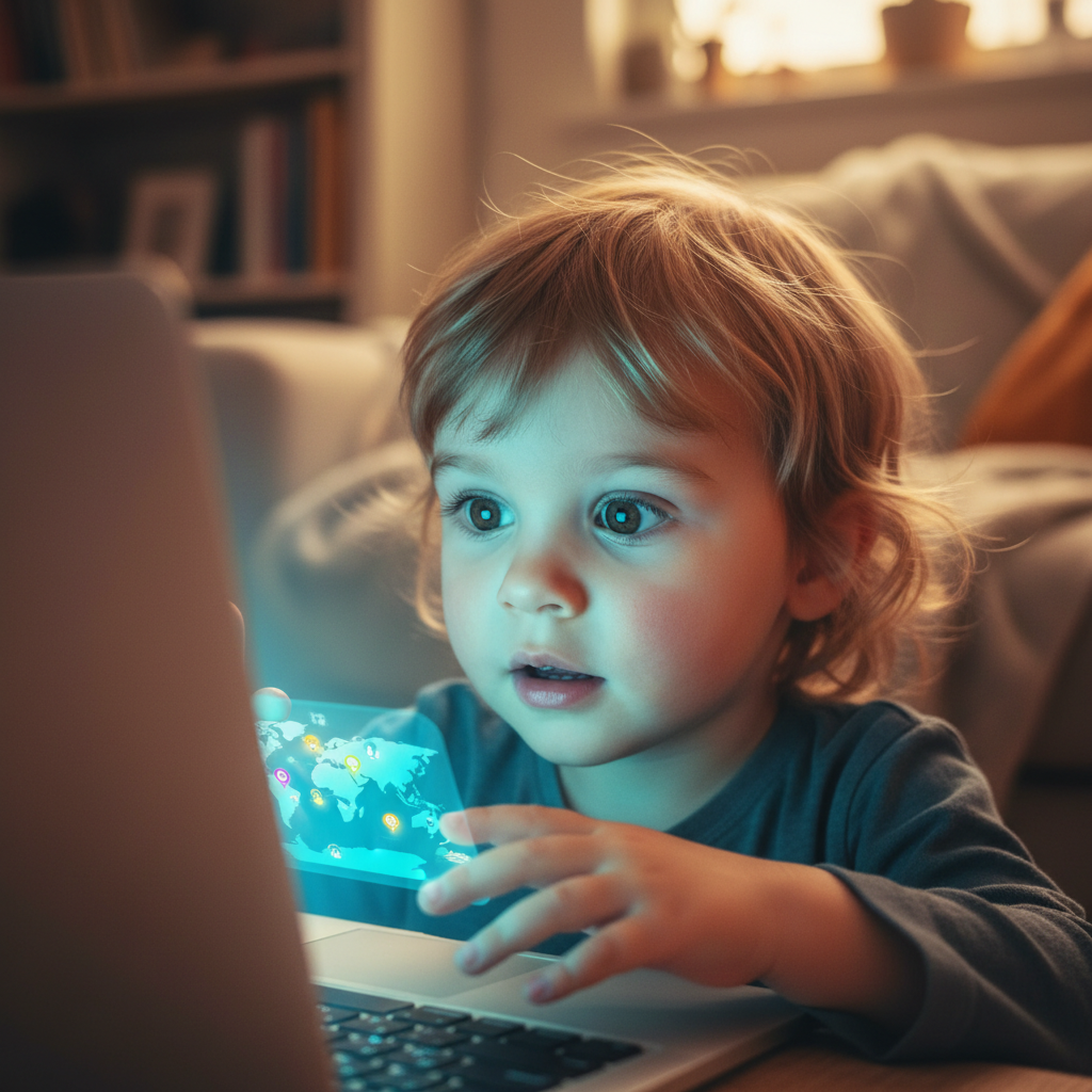 Child opening a laptop for the first time, face lit by the screen