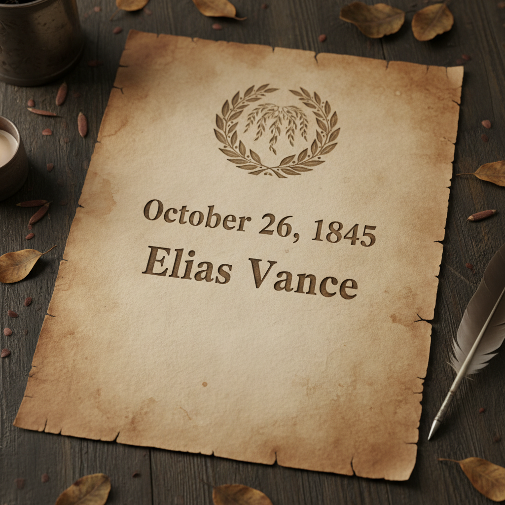 Completed memorial broadside showing a date and name in deep impression on aged paper