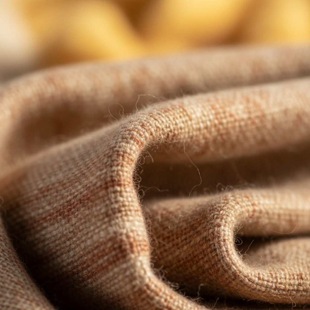 Close detail of cashmere scarf fringe and weave texture in soft natural light