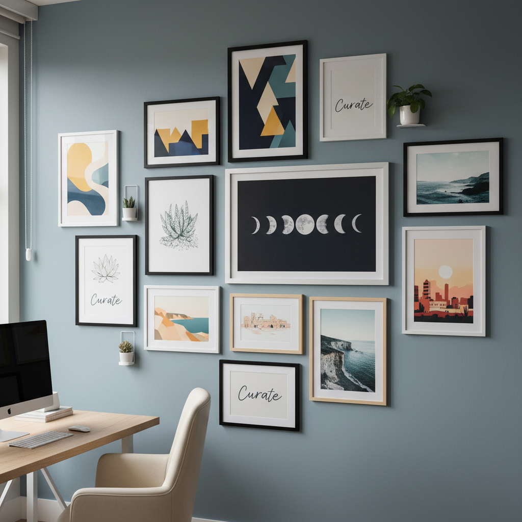 Curated gallery wall with multiple framed artworks in collector arrangement