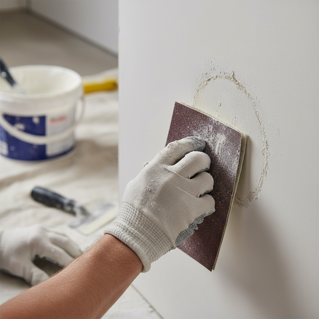 Smooth drywall surface being repaired and sanded, professional home repair work