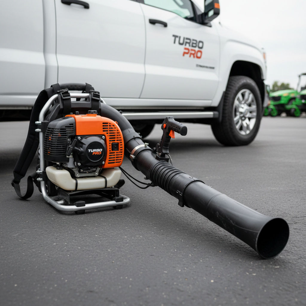 Professional backpack blower leaning against a branded truck