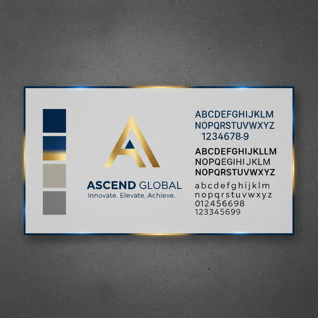 Brand identity design materials with color swatches and typography samples on dark background