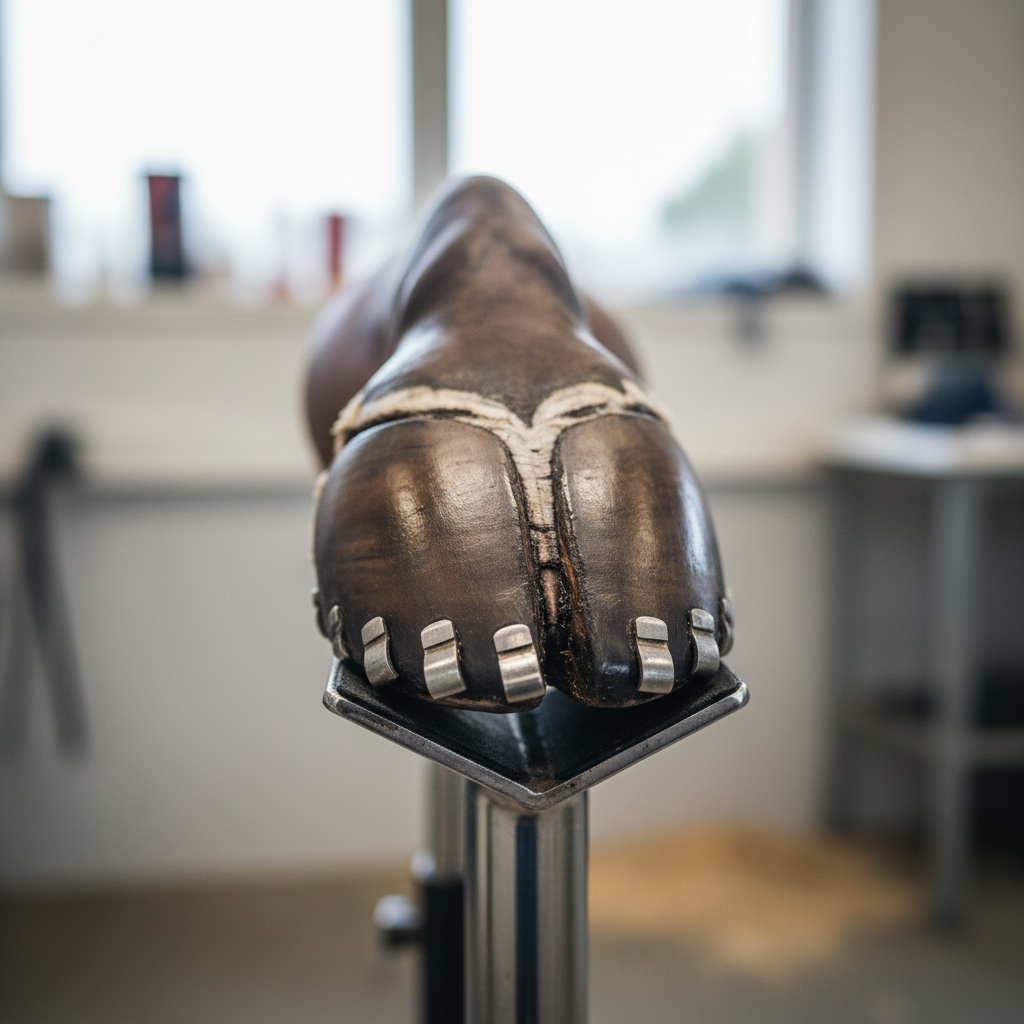 Close-up of healthy trimmed horse hoof on stable floor, clean and well-balanced